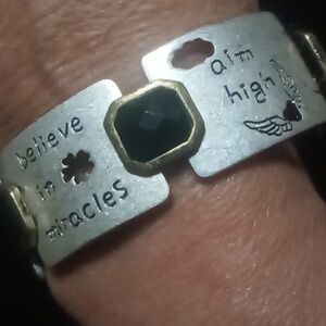 Silver Inspirational Expandable Bracelet with Black & Gold Accents Gems.